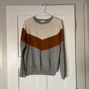 Grey, brown, white sweater. From Roolee. Size small.